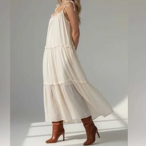 &Merci Kathleen Cream Gauze Tiered Maxi Dress Tie Straps Boho Womens Small